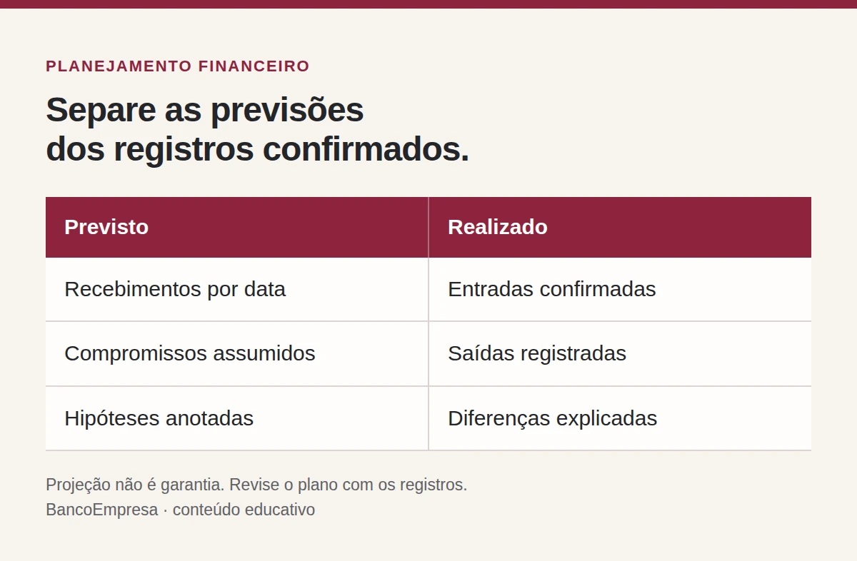 Quadro de planejamento: compare recebimentos previstos com entradas confirmadas, compromissos com saídas registradas e hipóteses com diferenças explicadas.